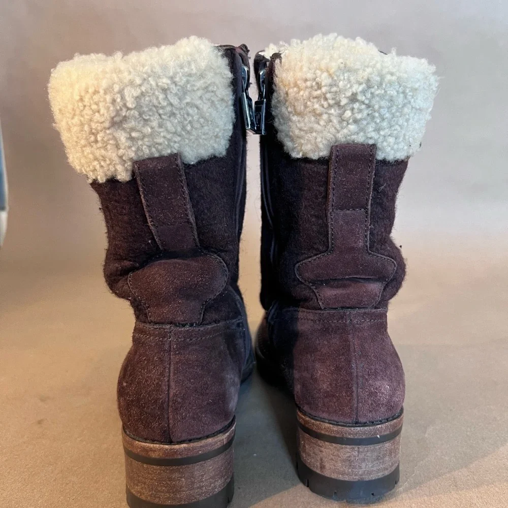 Chanel Brown Suede Leather CC Logo Shearling Combat Lace Boots Size EU 36 US 5.5